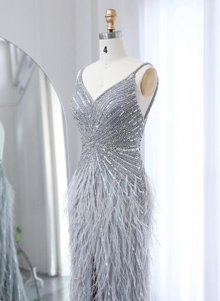 Gorgeous Silver-Grey Spaghetti Strap V-Neck Feather Sequin Slit Long Classy Prom Dress