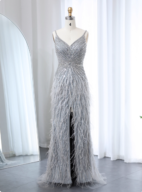 Gorgeous Silver-Grey Spaghetti Strap V-Neck Feather Sequin Slit Long Classy Prom Dress Main image