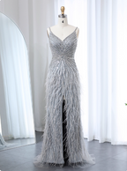 Gorgeous Silver-Grey Spaghetti Strap V-Neck Feather Sequin Slit Long Classy Prom Dress