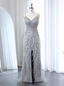 Gorgeous Silver-Grey Spaghetti Strap V-Neck Feather Sequin Slit Long Classy Prom Dress