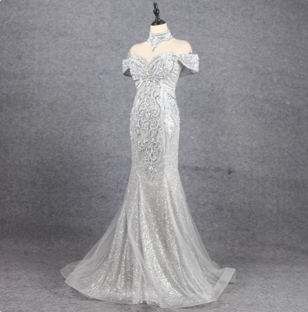 Gorgeous Silver Mermaid Off-The-Shoulder Beaded Sparkly Tulle Train Classy Prom Dress Secondary image