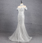 Gorgeous Silver Mermaid Off-The-Shoulder Beaded Sparkly Tulle Train Classy Prom Dress