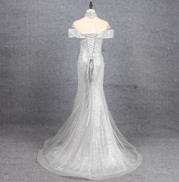 Gorgeous Silver Mermaid Off-The-Shoulder Beaded Sparkly Tulle Train Classy Prom Dress