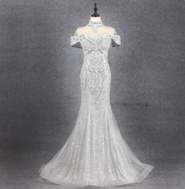 Gorgeous Silver Mermaid Off-The-Shoulder Beaded Sparkly Tulle Train Classy Prom Dress