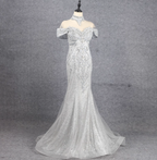 Gorgeous Silver Mermaid Off-The-Shoulder Beaded Sparkly Tulle Train Classy Prom Dress