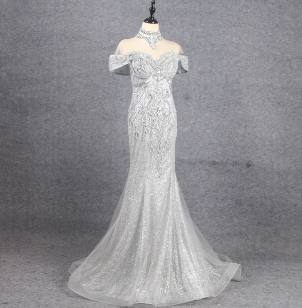 Gorgeous Silver Mermaid Off-The-Shoulder Beaded Sparkly Tulle Train Classy Prom Dress