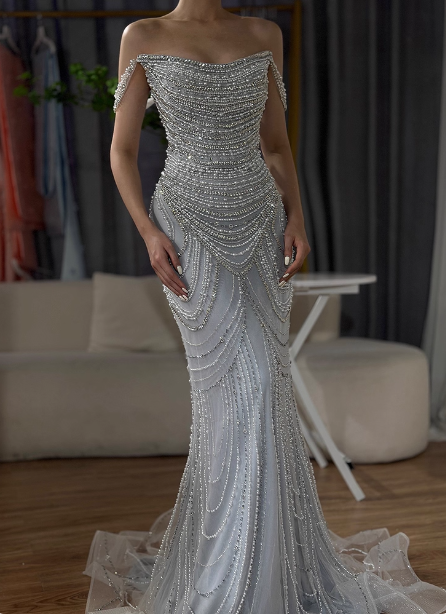 Gorgeous Silver Mermaid Off-The-Shoulder Pearl Chain Beaded Tulle Train Classy Prom Dress
