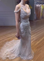 Gorgeous Silver Mermaid Off-The-Shoulder Pearl Chain Beaded Tulle Train Classy Prom Dress