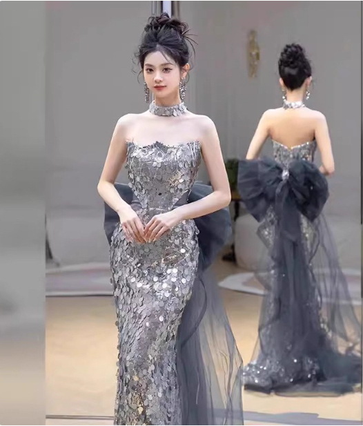 Gorgeous Silver Mermaid Strapless Bow Sequined Train Classy Prom Dress Secondary image