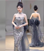 Gorgeous Silver Mermaid Strapless Bow Sequined Train Classy Prom Dress