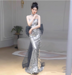 Gorgeous Silver Mermaid Strapless Bow Sequined Train Classy Prom Dress