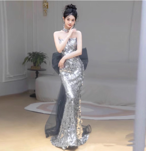 Gorgeous Silver Mermaid Strapless Bow Sequined Train Classy Prom Dress
