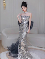 Gorgeous Silver Mermaid Strapless Bow Sequined Train Classy Prom Dress