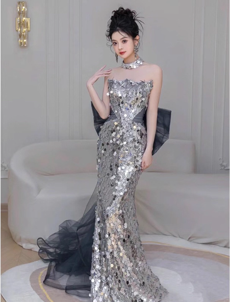 Gorgeous Silver Mermaid Strapless Bow Sequined Train Classy Prom Dress