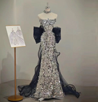 Gorgeous Silver Mermaid Strapless Bow Sequined Train Classy Prom Dress