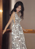 Gorgeous Silver V-Neck Tassel Sequin Long Classy Prom Dress