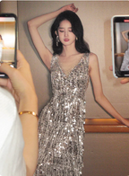 Gorgeous Silver V-Neck Tassel Sequin Long Classy Prom Dress