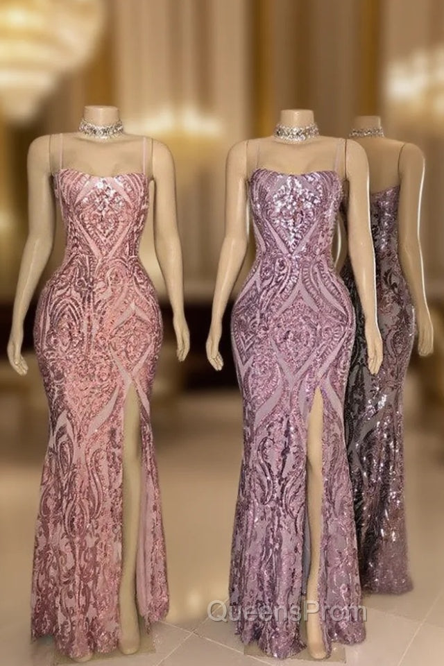 Gorgeous Spaghetti Straps Front Slit Sequins Mermaid Evening Prom Dress