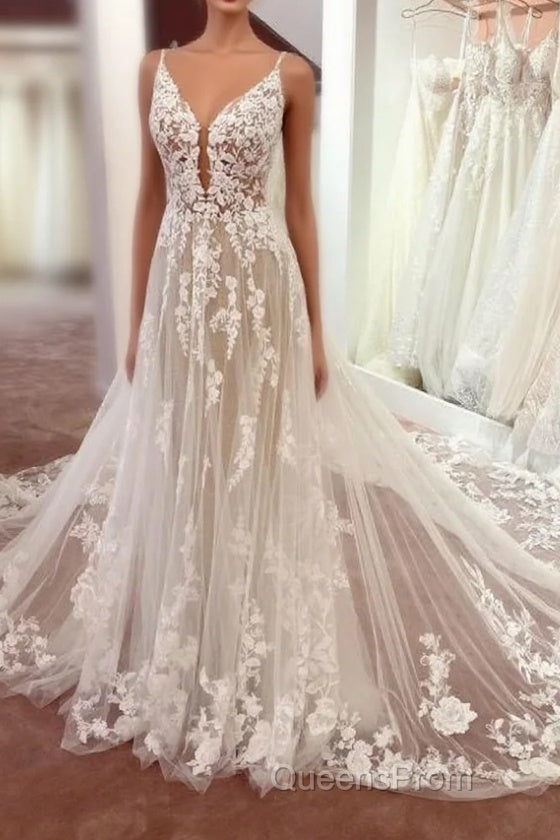 Gorgeous Spaghetti-Straps Lace Wedding Dress Tulle Sleeveless Bridal Gowns Main image