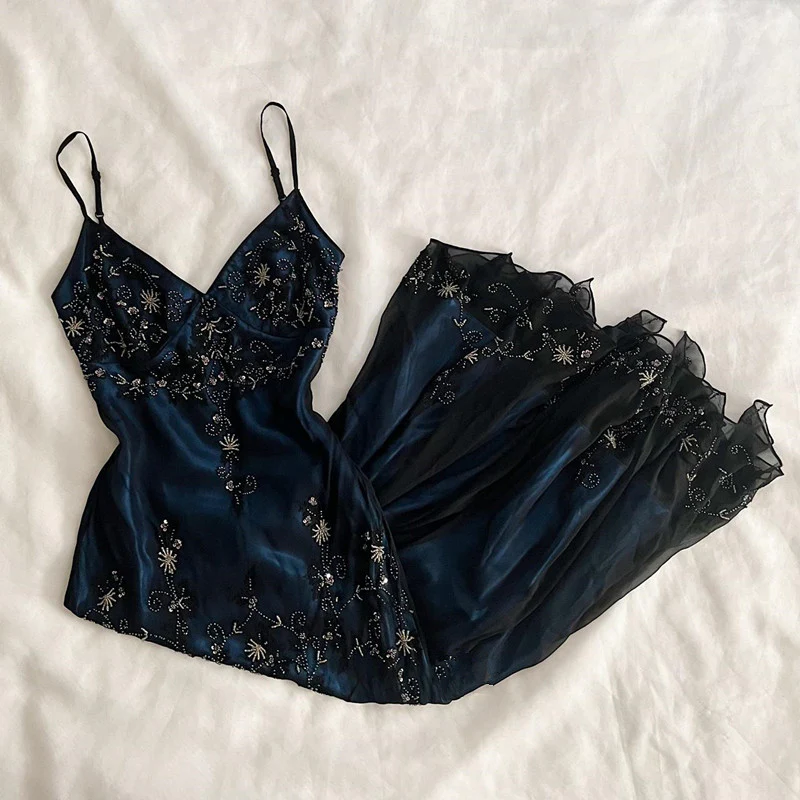 Gorgeous Mermaid Spaghetti Straps Beaded Navy Blue Satin Long Classy Prom Dress