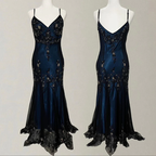 Gorgeous Mermaid Spaghetti Straps Beaded Navy Blue Satin Long Classy Prom Dress