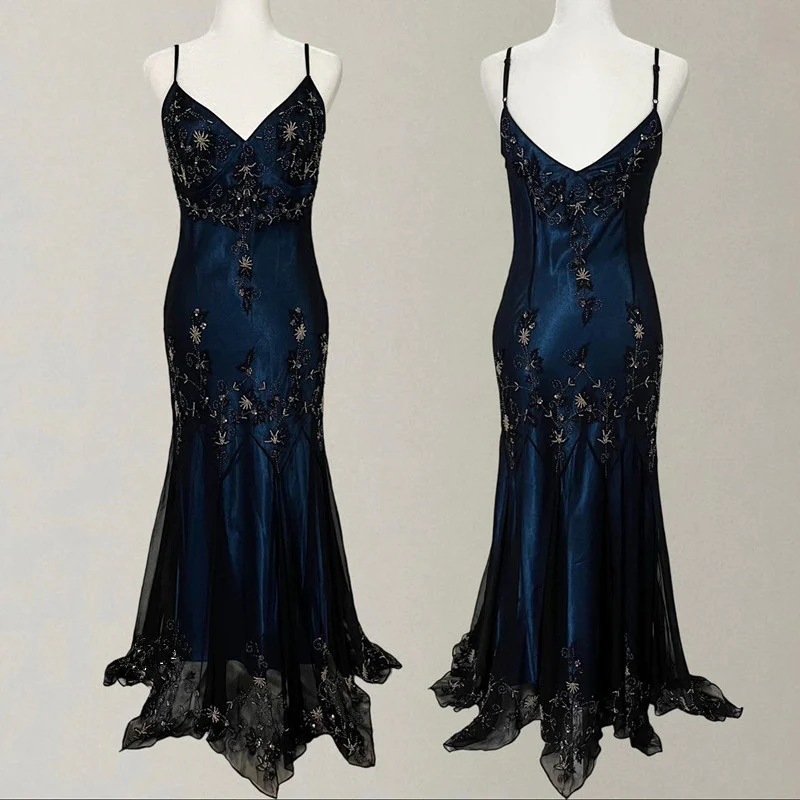 Gorgeous Mermaid Spaghetti Straps Beaded Navy Blue Satin Long Classy Prom Dress