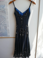Gorgeous Mermaid Spaghetti Straps Beaded Navy Blue Satin Long Classy Prom Dress