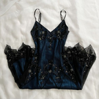 Gorgeous Mermaid Spaghetti Straps Beaded Navy Blue Satin Long Classy Prom Dress