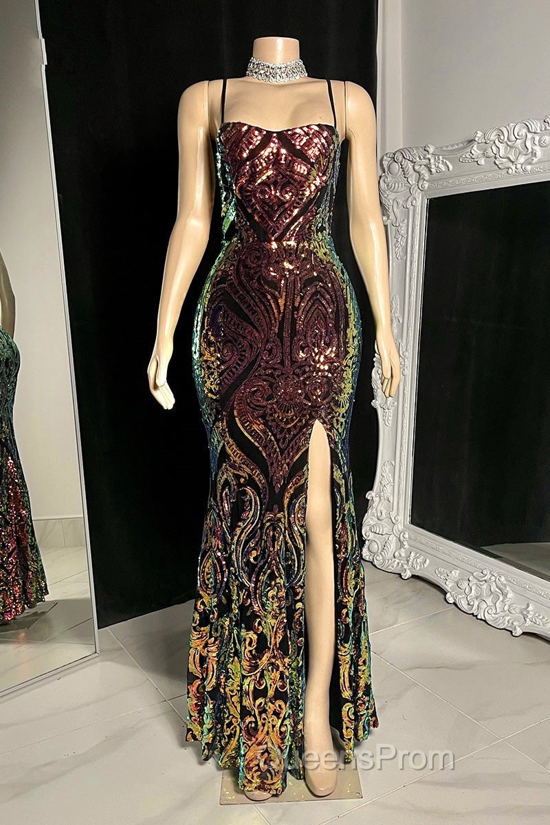 Gorgeous Spaghetti-Straps Mermaid Evening Prom Dress Sequins Sleeveless With Slit Secondary image