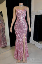 Gorgeous Spaghetti-Straps Mermaid Evening Prom Dress Sequins Sleeveless With Slit