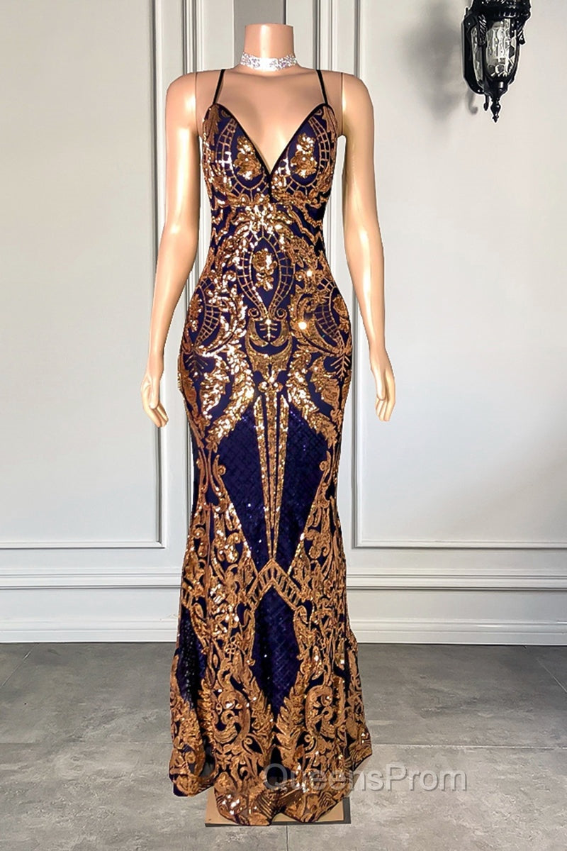 Gorgeous Spaghetti-Straps Sequins Mermaid Evening Prom Dress Long V-Neck Secondary image