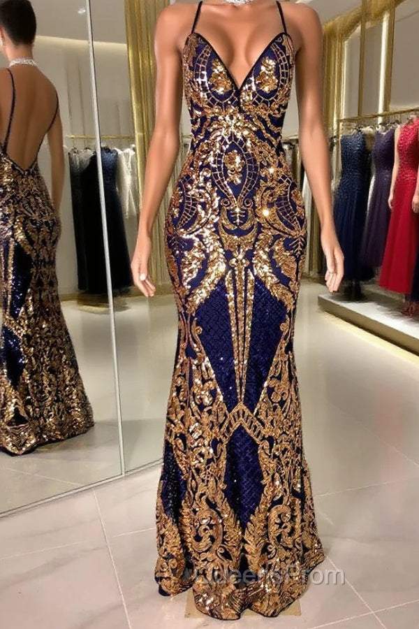 Gorgeous Spaghetti-Straps Sequins Mermaid Evening Prom Dress Long V-Neck Main image