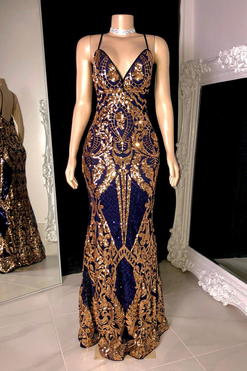 Gorgeous Spaghetti-Straps Sequins Mermaid Prom Dress Long V-Neck Main image