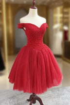 Gorgeous Sparkle Beaded Off Shoulder Red Evening Dress, Red Homecoming Dress