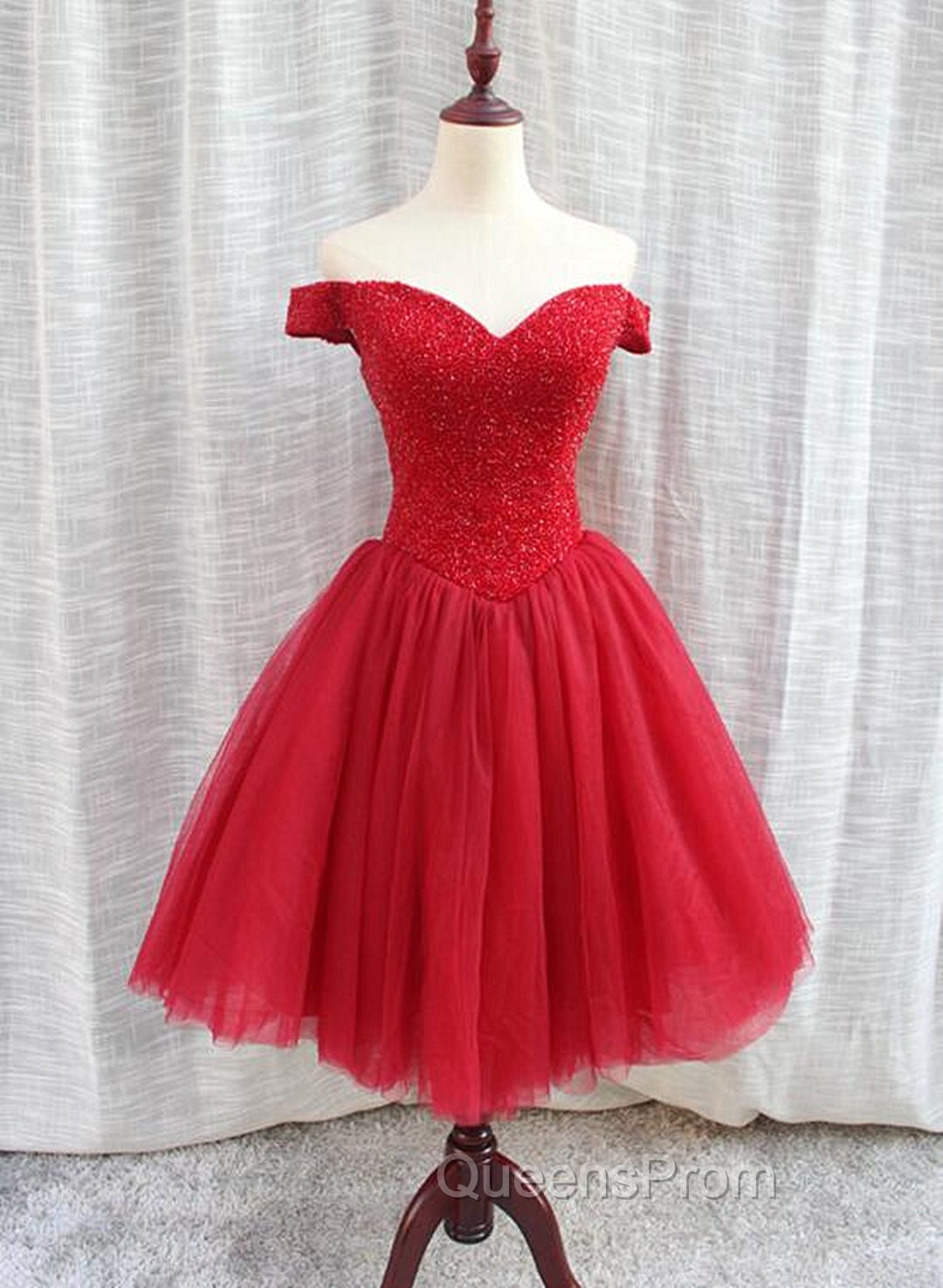 Gorgeous Sparkle Beaded Off Shoulder Red Evening Dress, Red Homecoming Dress Main image
