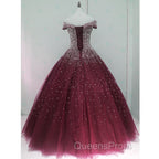 Gorgeous Sparkle Burgundy Off Shoulder Sweet 16 Gown, Burgundy Evening Prom Dress