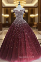Gorgeous Sparkle Burgundy Off Shoulder Sweet 16 Gown, Burgundy Evening Prom Dress
