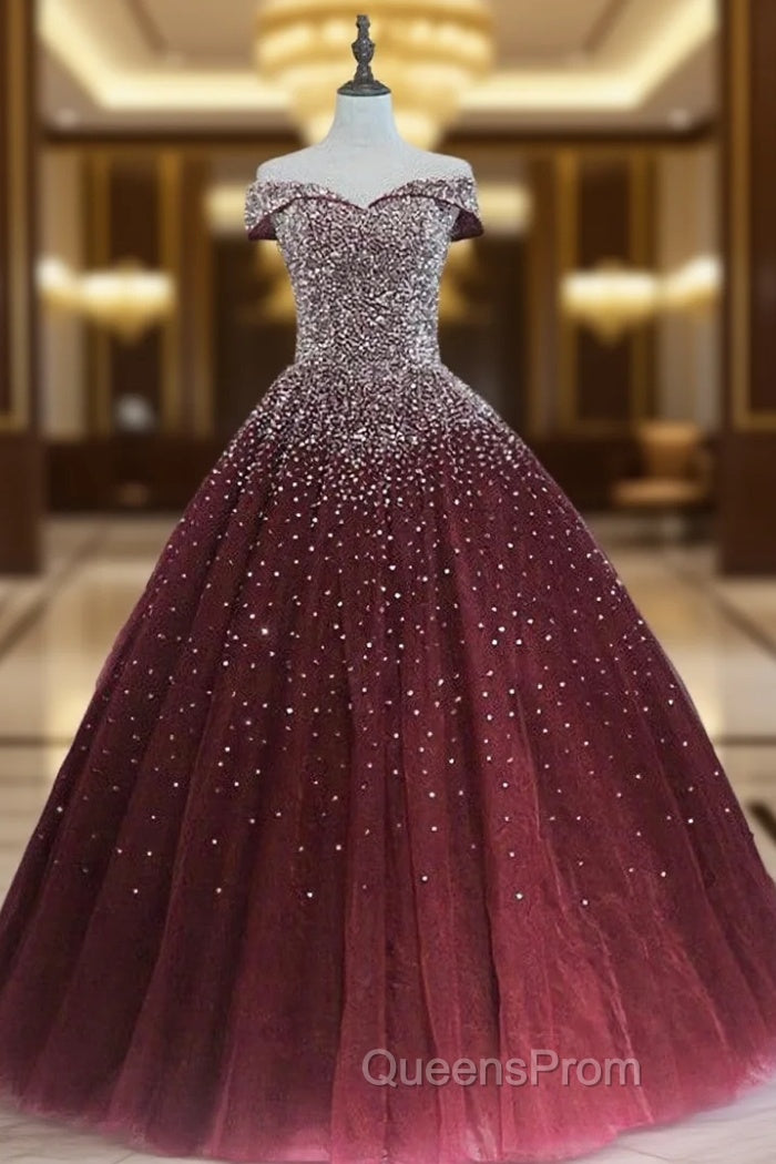 Gorgeous Sparkle Burgundy Off Shoulder Sweet 16 Gown, Burgundy Evening Prom Dress