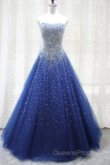 Gorgeous Strapless Blue Tulle Beaded Long Evening Prom Dress, Beaded Blue Formal Evening Dress, Beaded Ball Gown