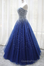 Gorgeous Strapless Blue Tulle Beaded Long Evening Prom Dress, Beaded Blue Formal Evening Dress, Beaded Ball Gown