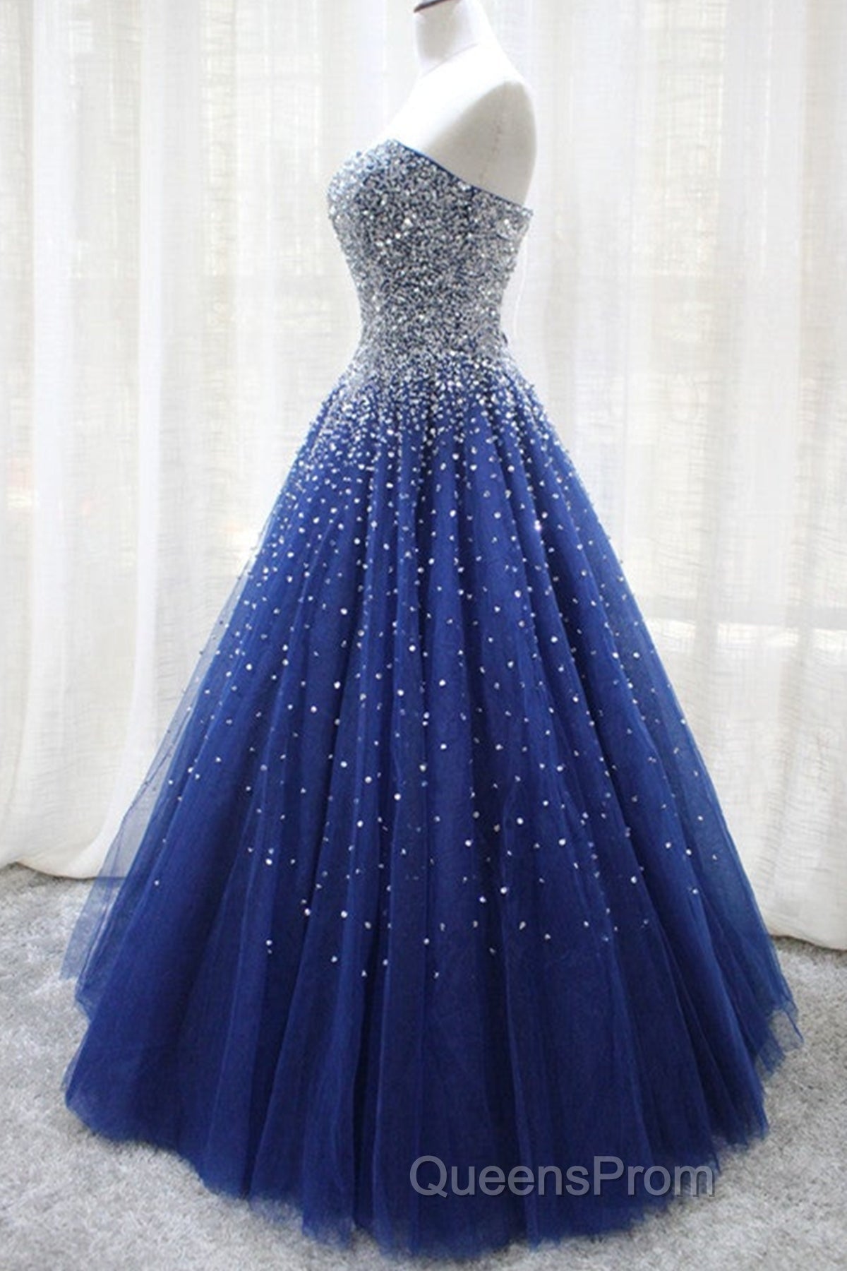 Gorgeous Strapless Blue Tulle Beaded Long Evening Prom Dress, Beaded Blue Formal Evening Dress, Beaded Ball Gown