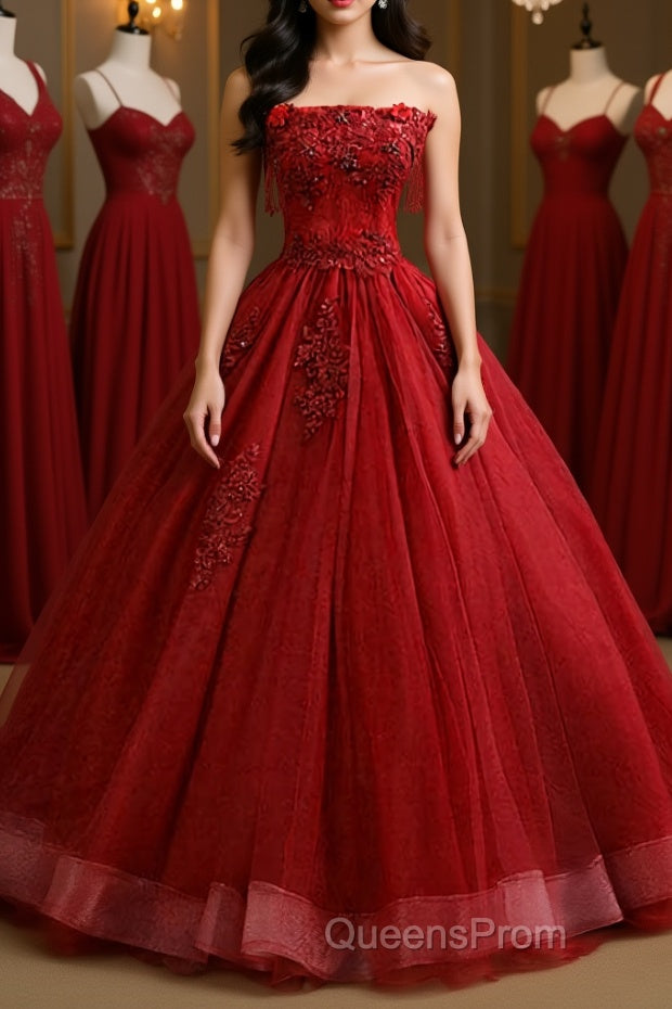 Gorgeous Strapless Burgundy Lace Beaded Long Evening Prom Dress, Lace Burgundy Formal Evening Dress, Burgundy Lace Ball Gown Main image
