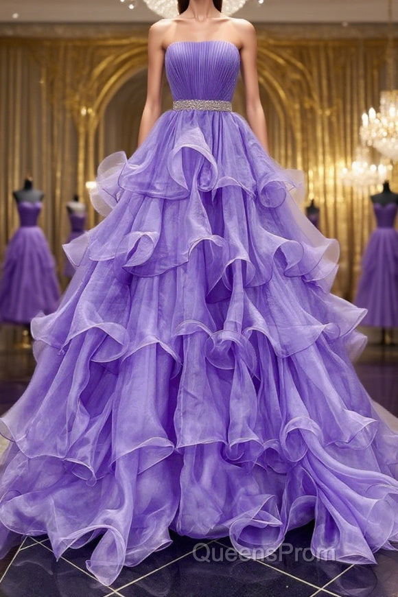 Gorgeous Strapless Layered Purple Tulle Long Evening Prom Dress with Belt, Purple Formal Evening Dress, Purple Ball Gown Main image