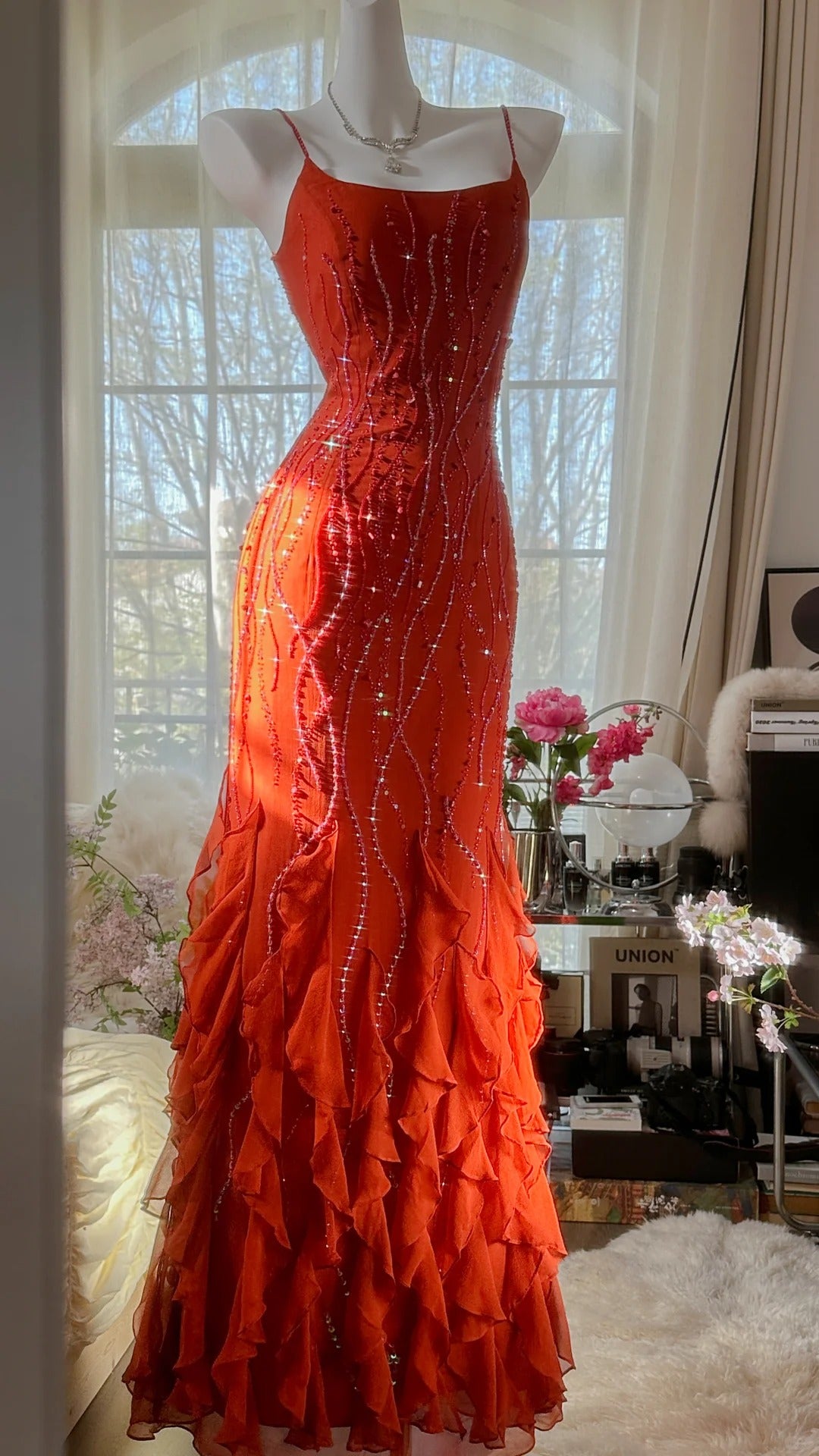 Gorgeous sunset orange chiffon beaded jellyfish skirt evening dress prom dress Main image