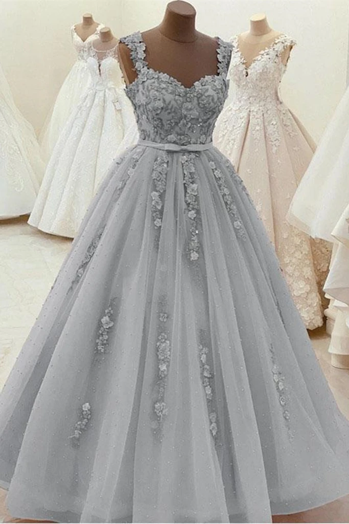 Gorgeous Sweetheart Neck Beaded Gray Floral Lace Classy Prom Dress, Grey Floral Lace Classy Dress, Gray Classy Evening Dress Main image