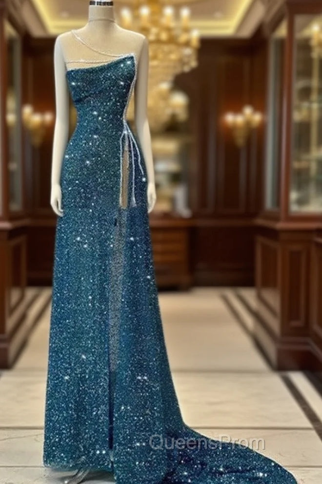 Gorgeous Teal Sheath High Slit Maxi Long Evening Prom Dress,Evening Dress Main image