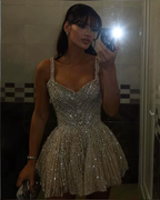 Gorgeous Tulle Beaded A Line Cocktail Dress Champagne Short Homecoming Dress