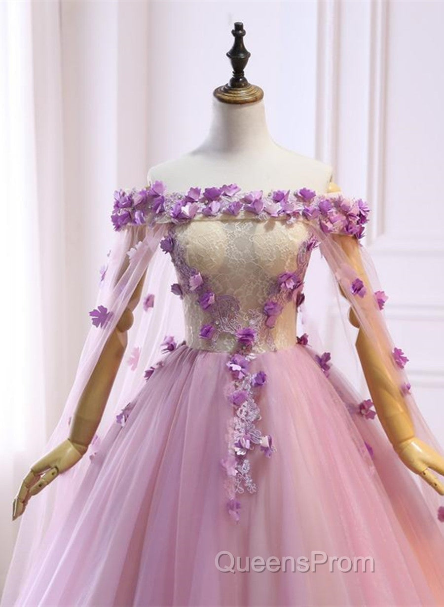 Gorgeous Tulle Off Shoulder Flowers Lace-Up Long Formal Dress, Pink Evening Prom Dress Secondary image