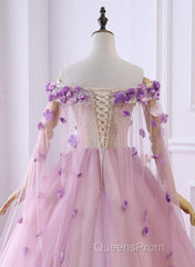 Gorgeous Tulle Off Shoulder Flowers Lace-Up Long Formal Dress, Pink Evening Prom Dress