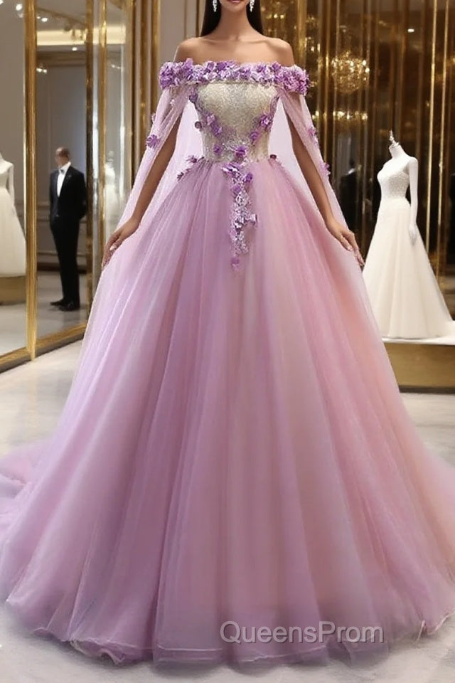 Gorgeous Tulle Off Shoulder Flowers Lace-Up Long Formal Dress, Pink Evening Prom Dress Main image